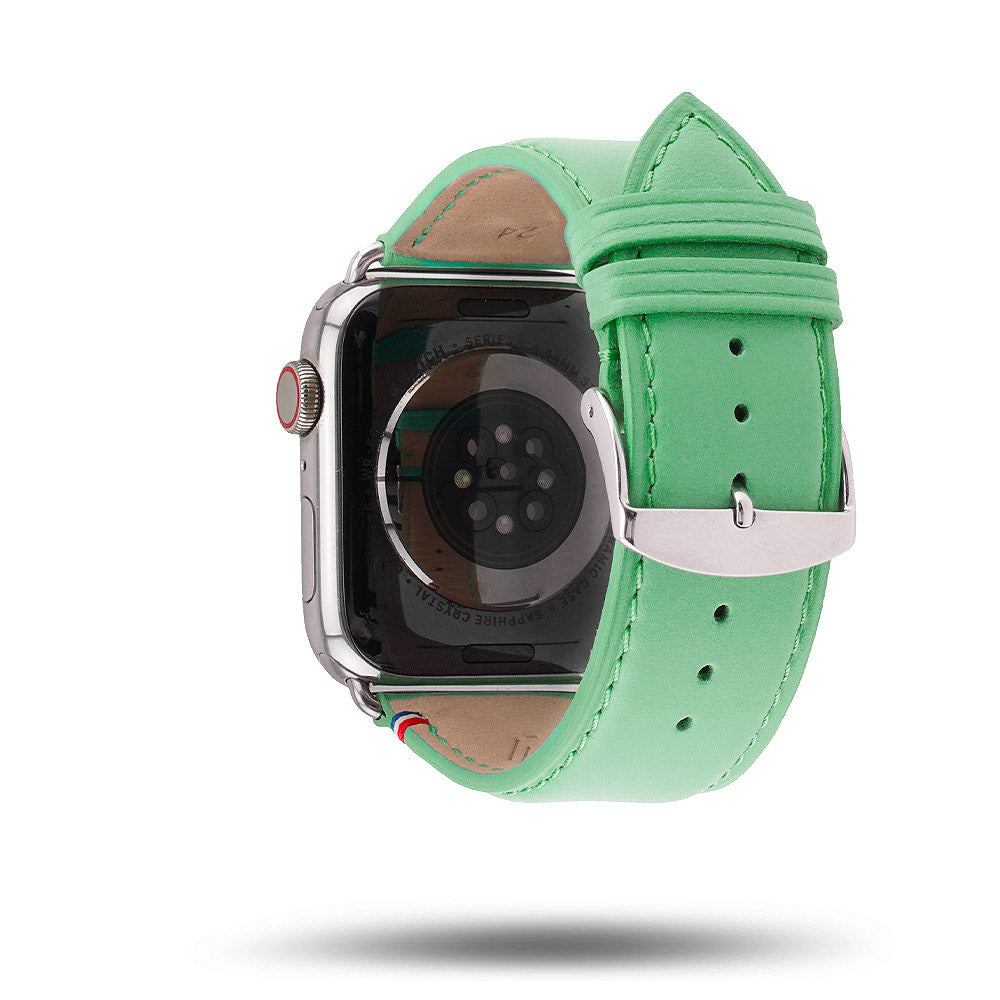 Aquarelle - Bracelet Apple Watch cuir petite taille Jade 42 mm - Adaptateur Acier Inoxydable brillant