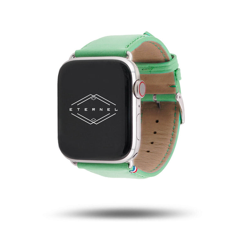 Aquarelle - Bracelet Apple Watch cuir petite taille Jade 42 mm - Adaptateur Acier Inoxydable brillant