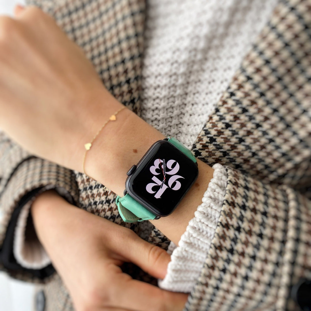 Aquarelle - Bracelet Apple Watch cuir petite taille Jade 46 / 49 mm - Adaptateurs Gris sidéral