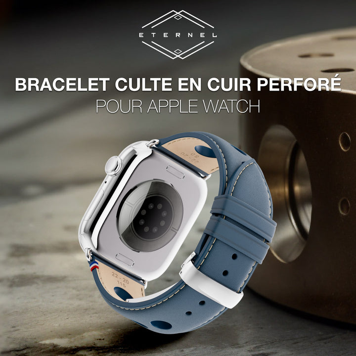 Rallye - Bracelet Apple Watch cuir vachette boucle déployante Marine 42 mm