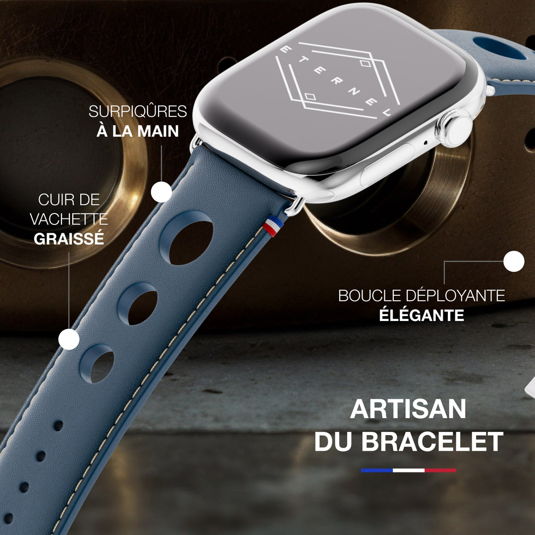 Rallye - Bracelet Apple Watch cuir vachette boucle déployante Marine 42 mm
