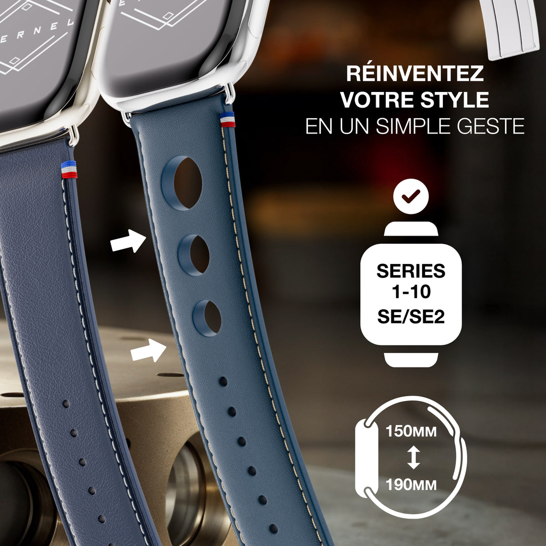 Rallye - Bracelet Apple Watch cuir vachette boucle déployante Marine 42 mm