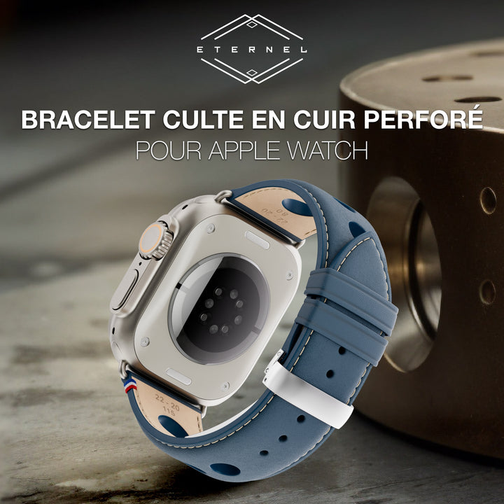 Rallye - Bracelet Apple Watch cuir vachette boucle déployante Marine 46 / 49 mm