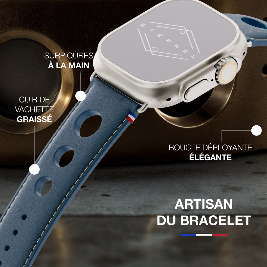 Rallye - Bracelet Apple Watch cuir vachette boucle déployante Marine 46 / 49 mm