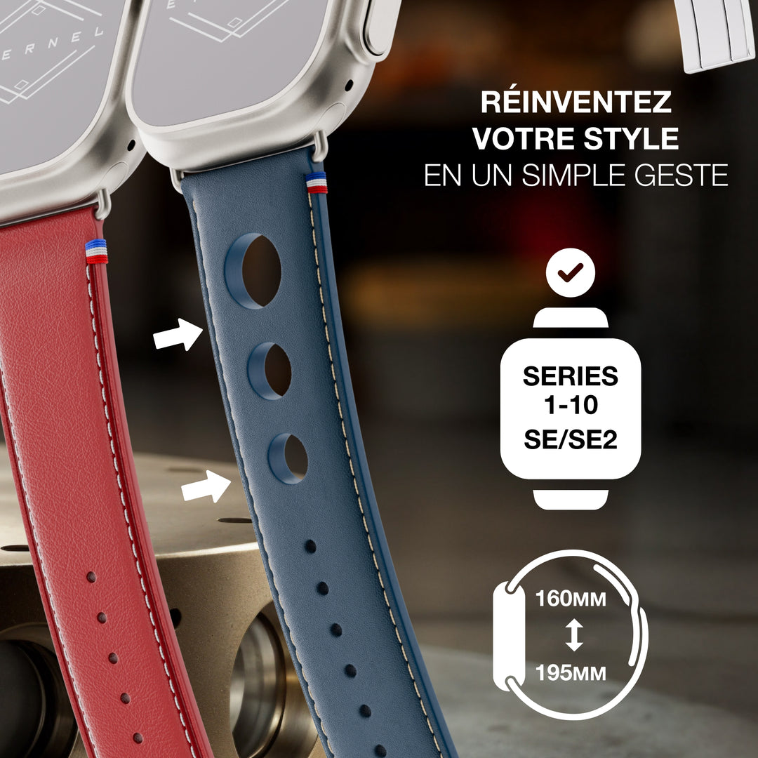 Rallye - Bracelet Apple Watch cuir vachette boucle déployante Marine 46 / 49 mm