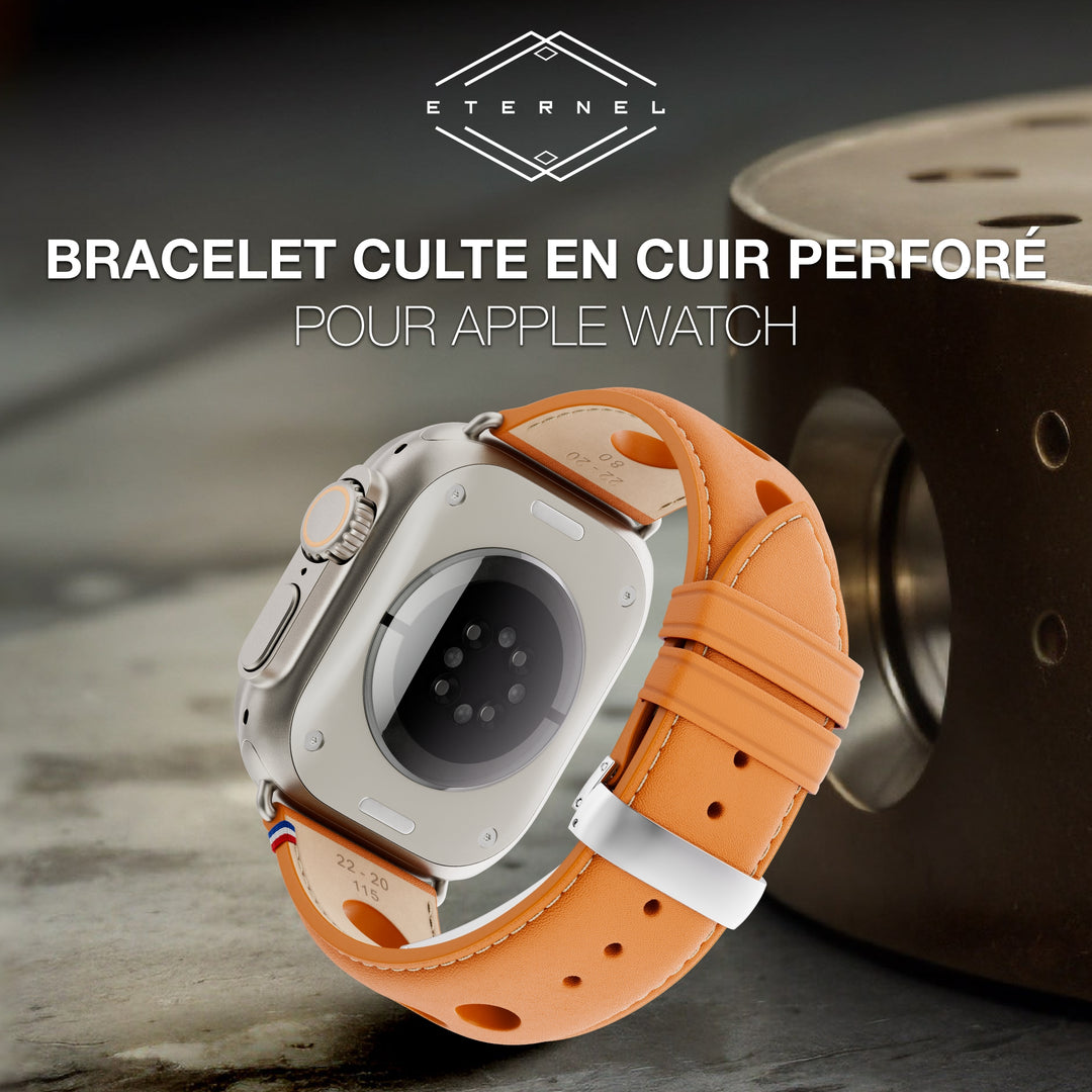 Rallye - Bracelet Apple Watch cuir vachette boucle déployante Miel 46 / 49 mm