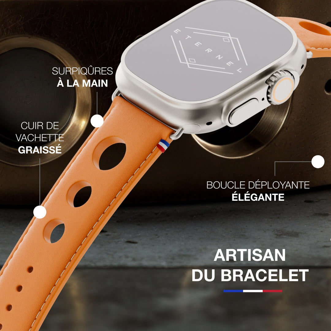 Rallye - Bracelet Apple Watch cuir vachette boucle déployante Miel 46 / 49 mm