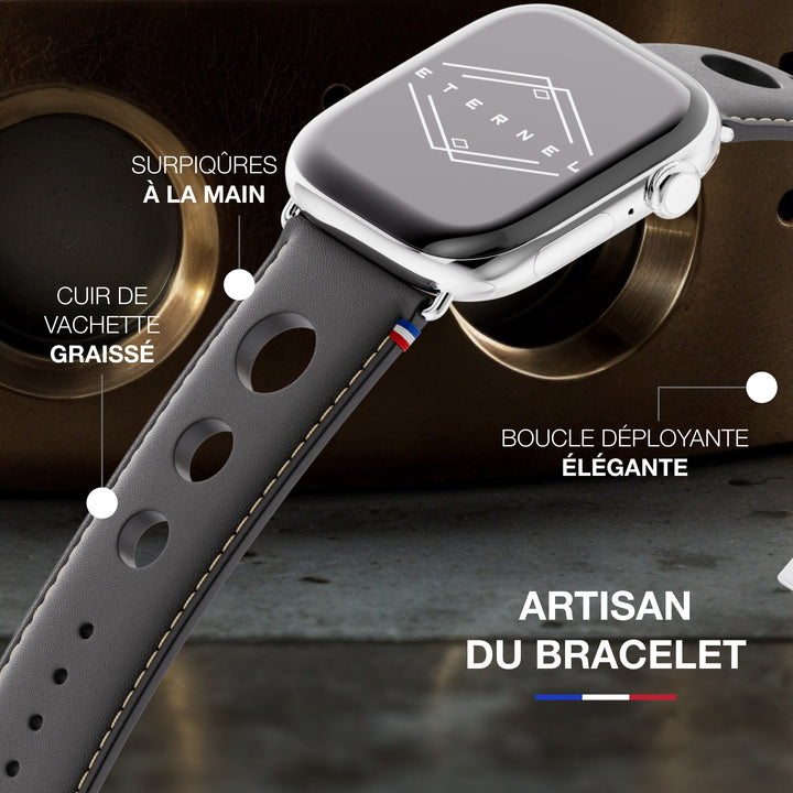 Rallye - Bracelet Apple Watch cuir vachette boucle déployante Noir 42 mm