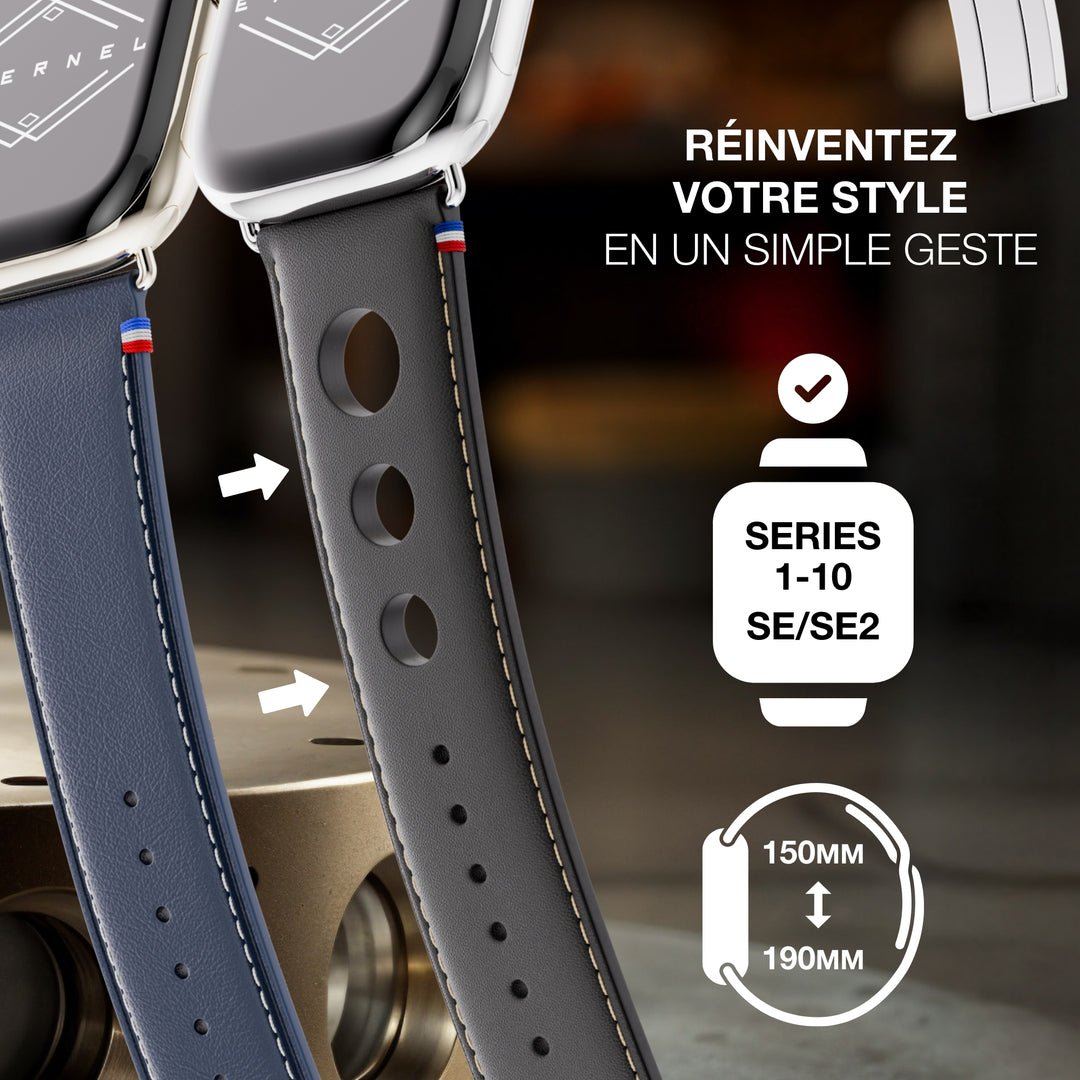 Rallye - Bracelet Apple Watch cuir vachette boucle déployante Noir 42 mm