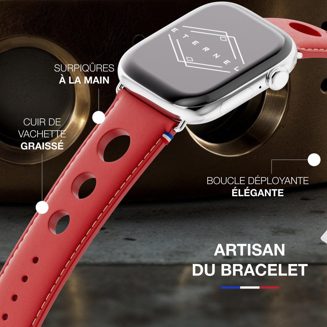 Rallye - Bracelet Apple Watch cuir vachette boucle déployante Rouge 42 mm