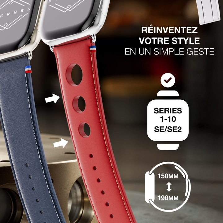 Rallye - Bracelet Apple Watch cuir vachette boucle déployante Rouge 42 mm