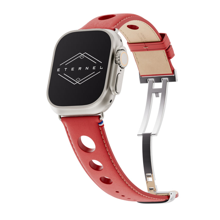 Rallye - Bracelet Apple Watch cuir vachette boucle déployante Rouge 46 / 49 mm