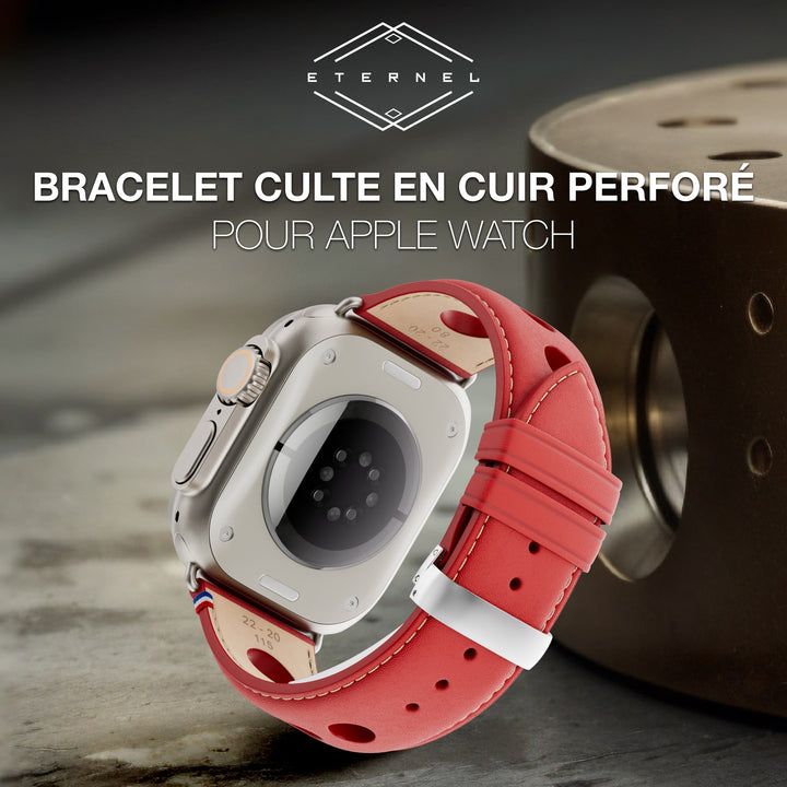 Rallye - Bracelet Apple Watch cuir vachette boucle déployante Rouge 46 / 49 mm