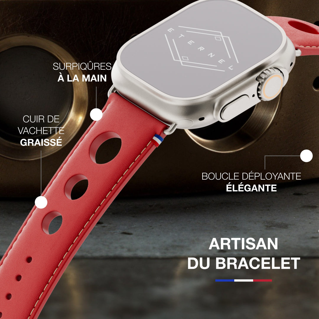 Rallye - Bracelet Apple Watch cuir vachette boucle déployante Rouge 46 / 49 mm