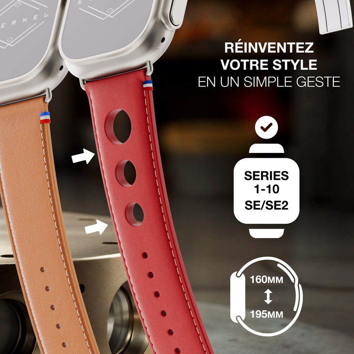 Rallye - Bracelet Apple Watch cuir vachette boucle déployante Rouge 46 / 49 mm