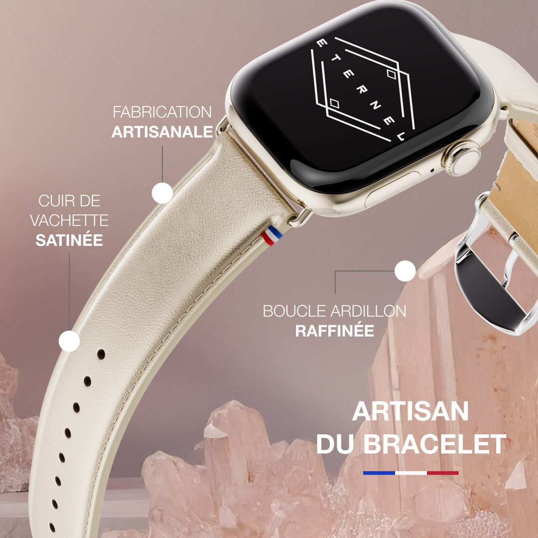 Maryline - Bracelet Apple Watch cuir de vachette satiné Champagne 42 mm