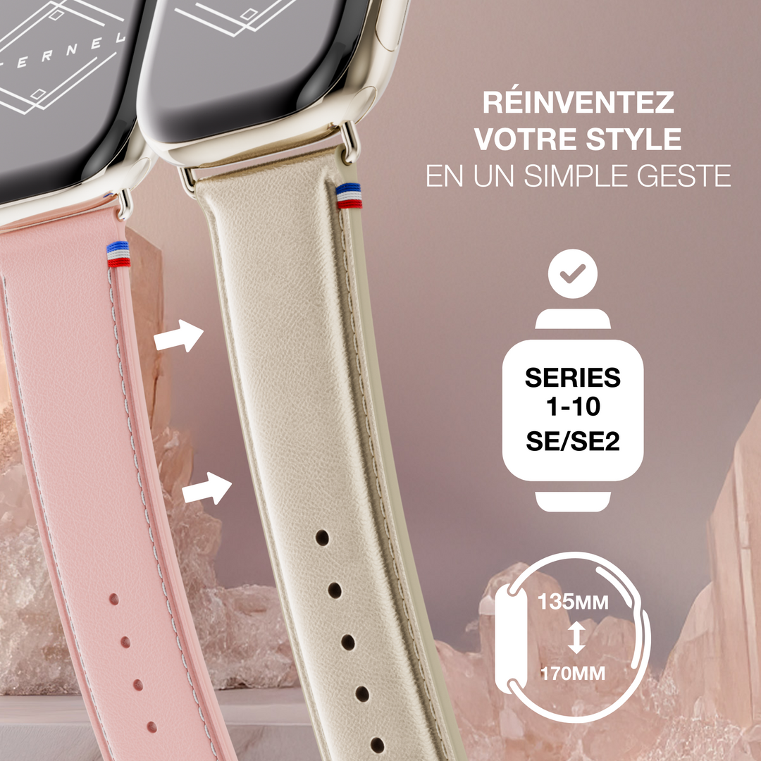 Maryline - Bracelet Apple Watch cuir de vachette satiné Champagne 42 mm