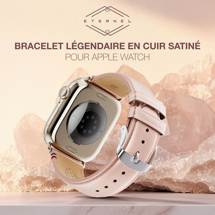 Maryline - Bracelet Apple Watch cuir de vachette satiné Rosé Champagne 42 mm