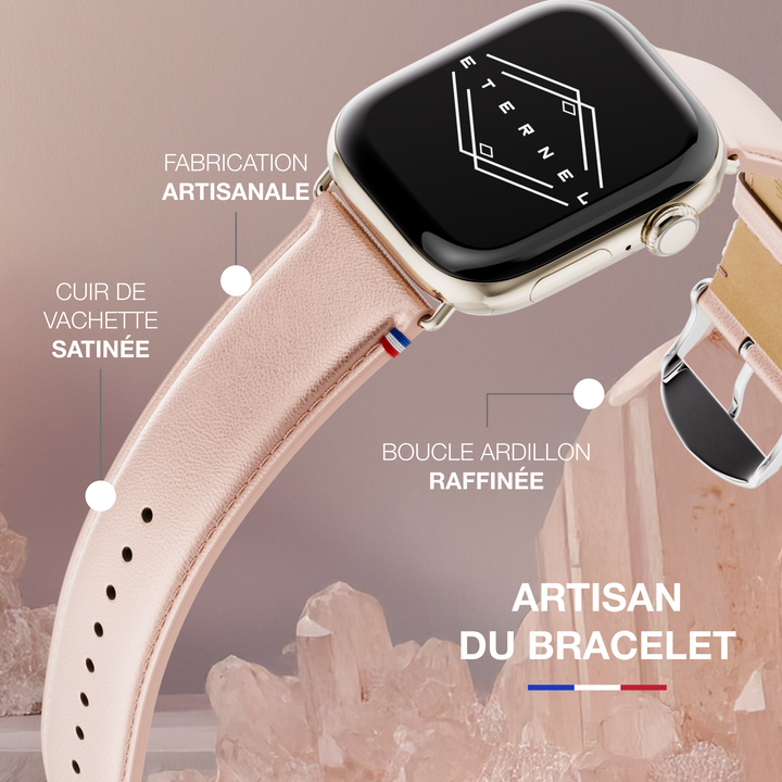 Maryline - Bracelet Apple Watch cuir de vachette satiné Rosé Champagne 42 mm