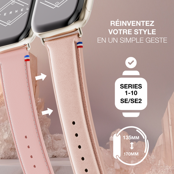Maryline - Bracelet Apple Watch cuir de vachette satiné Rosé Champagne 42 mm