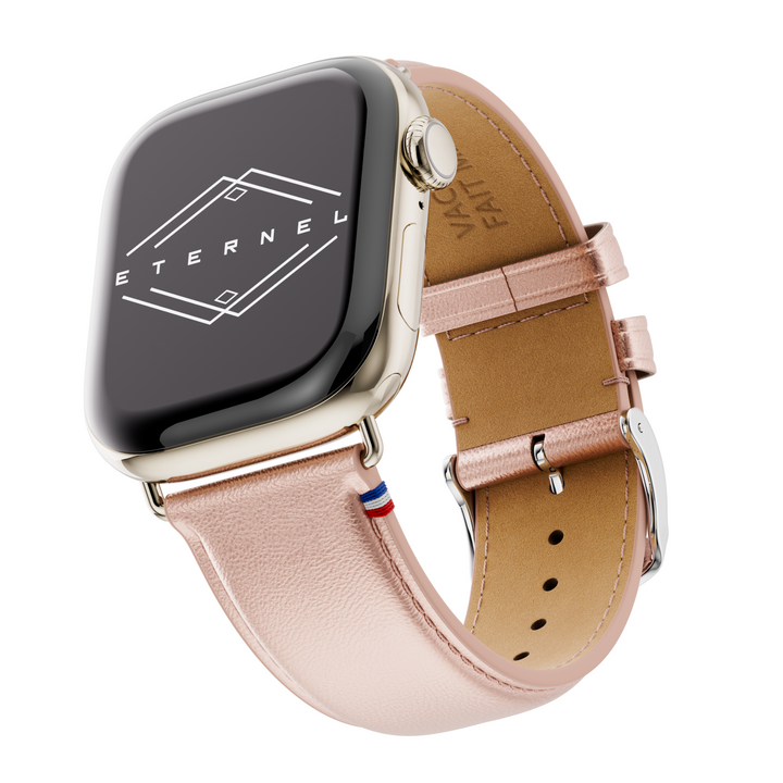 Maryline - Bracelet Apple Watch cuir de vachette satiné Rosé Champagne 42 mm