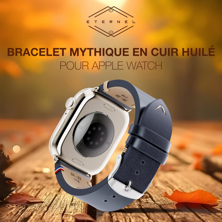 Vintage - Bracelet Apple Watch cuir pleine fleur Logan bleu encre 42 mm