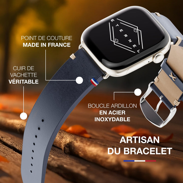 Vintage - Bracelet Apple Watch cuir pleine fleur Logan bleu encre 42 mm