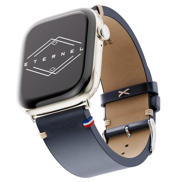 Vintage - Bracelet Apple Watch cuir pleine fleur Logan bleu encre 42 mm