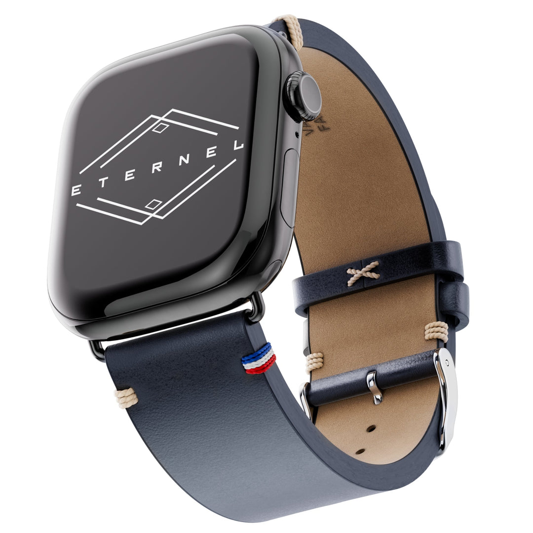 Vintage - Bracelet Apple Watch cuir pleine fleur Logan bleu encre 42 mm