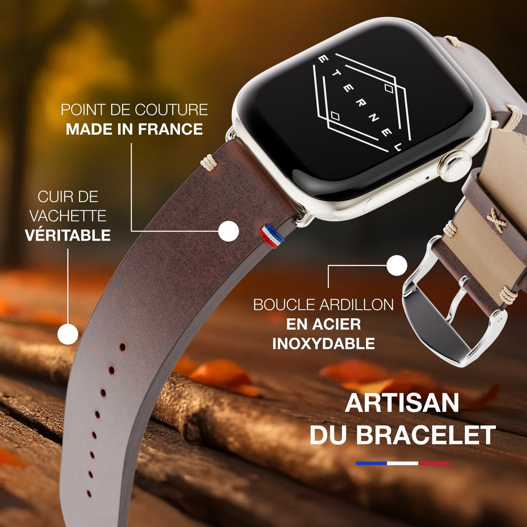 Vintage - Bracelet Apple Watch cuir pleine fleur Logan marron 46 / 49 mm