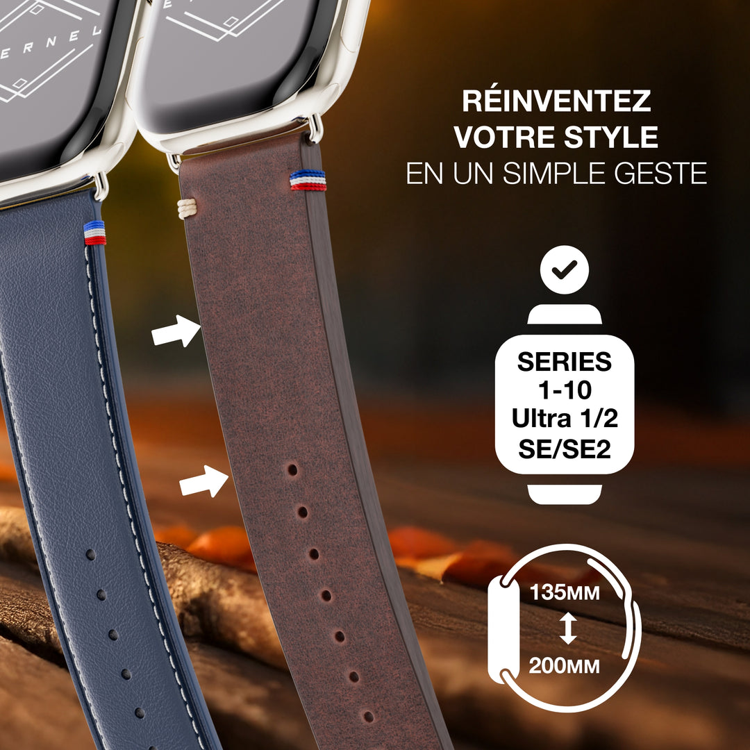 Vintage - Bracelet Apple Watch cuir pleine fleur Logan marron 46 / 49 mm