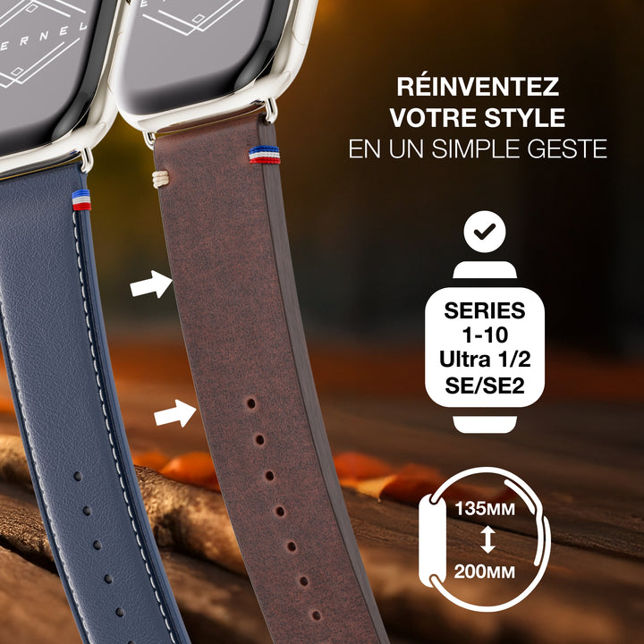 Vintage - Bracelet Apple Watch cuir pleine fleur Logan marron 46 / 49 mm