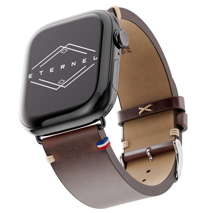 Vintage - Bracelet Apple Watch cuir pleine fleur Logan marron 46 / 49 mm