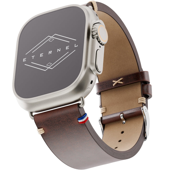 Vintage - Bracelet Apple Watch cuir pleine fleur Logan marron 46 / 49 mm