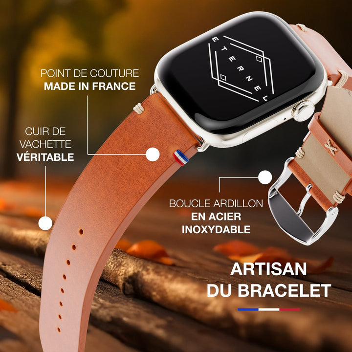 Vintage - Bracelet Apple Watch cuir pleine fleur Logan miel 42 mm
