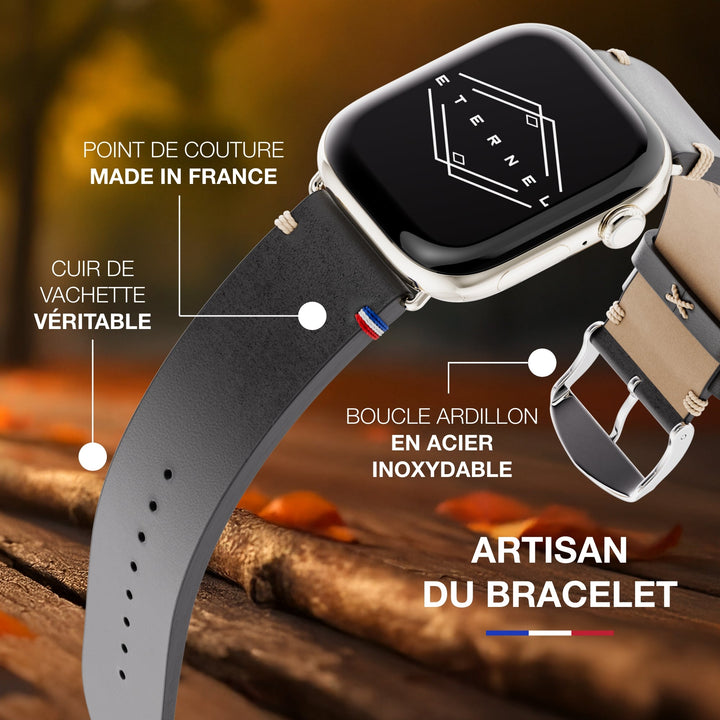 Vintage - Bracelet Apple Watch cuir pleine fleur Logan noir 46 / 49 mm