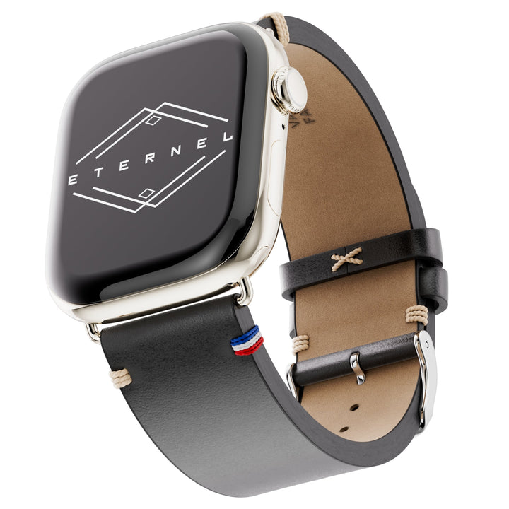 Vintage - Bracelet Apple Watch cuir pleine fleur Logan noir 46 / 49 mm