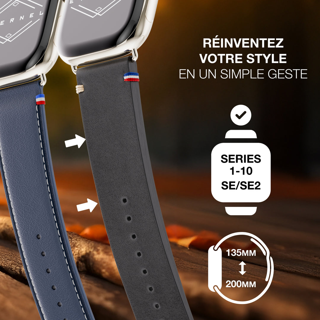 Vintage - Bracelet Apple Watch cuir pleine fleur Logan noir 42 mm