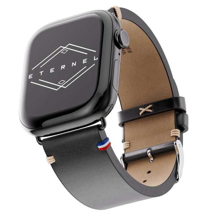 Vintage - Bracelet Apple Watch cuir pleine fleur Logan noir 46 / 49 mm