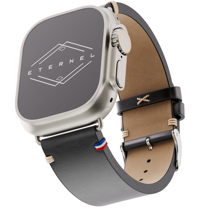 Vintage - Bracelet Apple Watch cuir pleine fleur Logan noir 46 / 49 mm