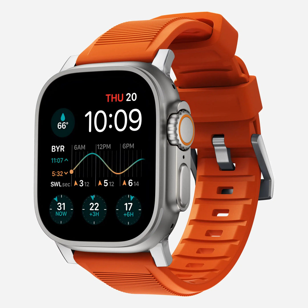 Nomad - Rugged Strap - Bracelet en silicone Apple Watch - Ultra Orange 46 / 49 mm Adaptateurs Apple Watch Aluminium argent