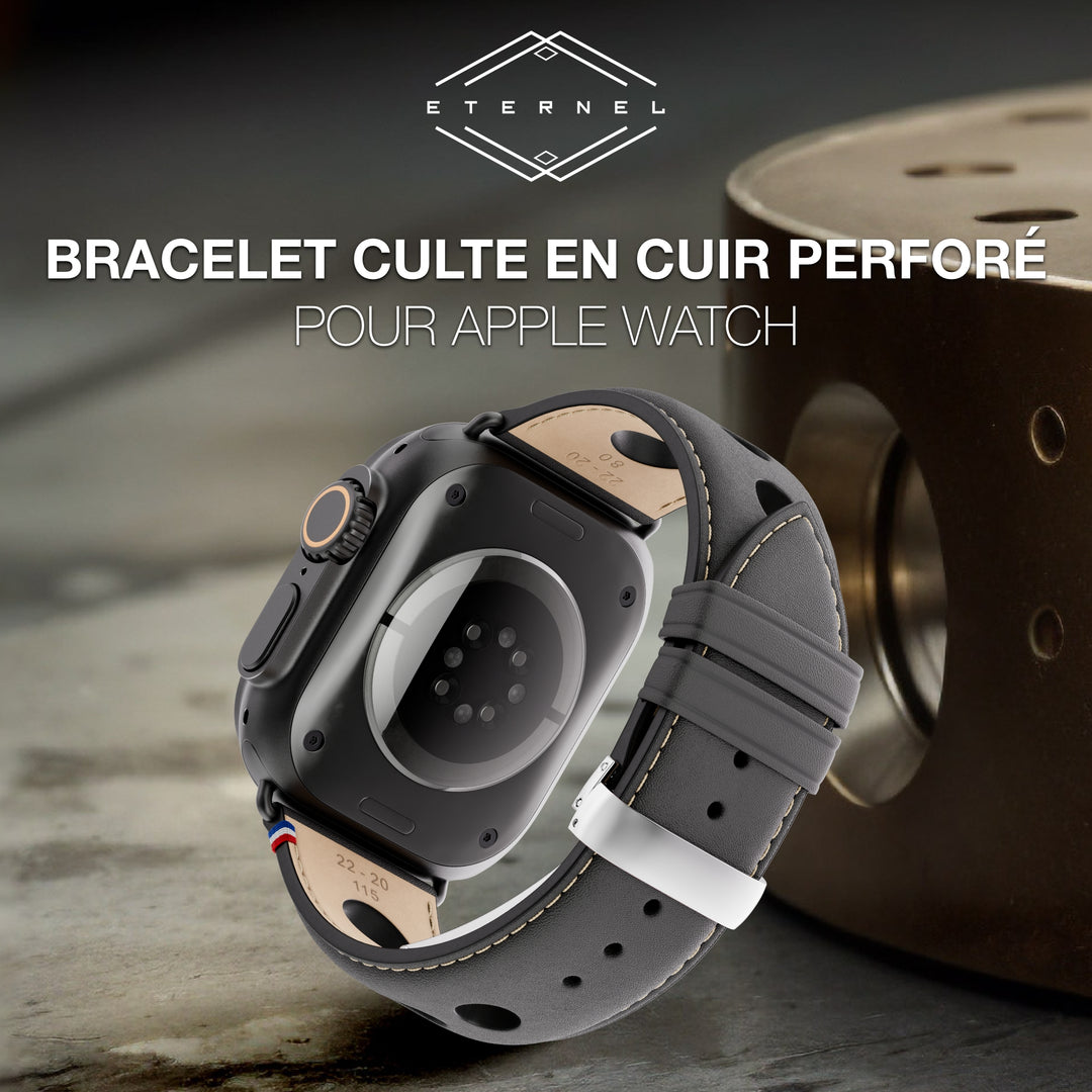 Rallye - Bracelet Apple Watch cuir vachette boucle déployante Noir 46 / 49 mm