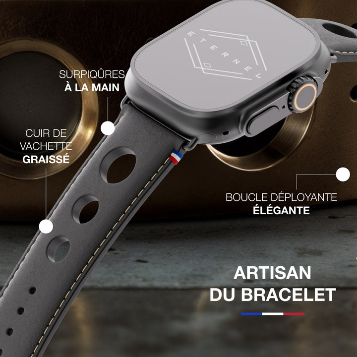 Rallye - Bracelet Apple Watch cuir vachette boucle déployante Noir 46 / 49 mm