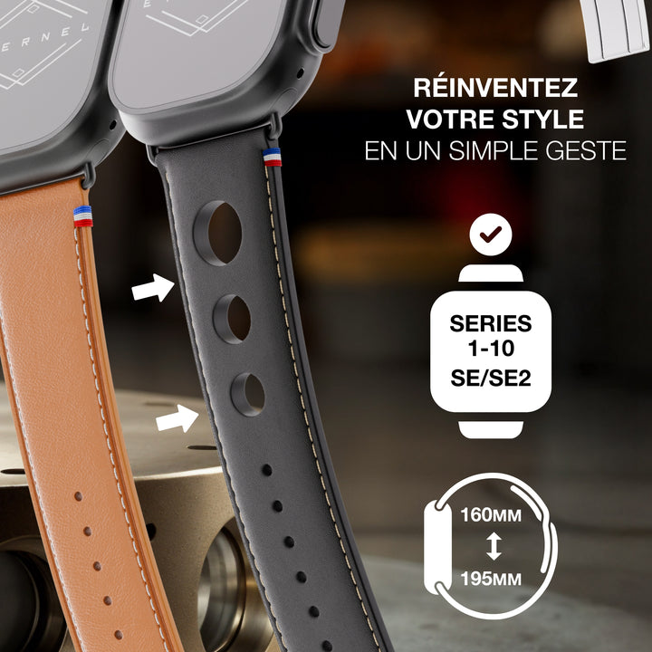 Rallye - Bracelet Apple Watch cuir vachette boucle déployante Noir 46 / 49 mm