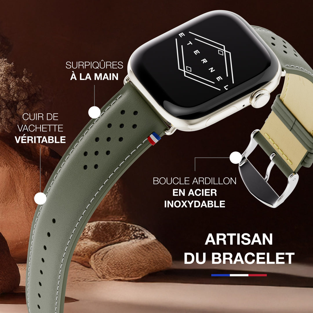 Roadster - Bracelet Apple Watch cuir perforé Vert forêt 46 / 49 mm