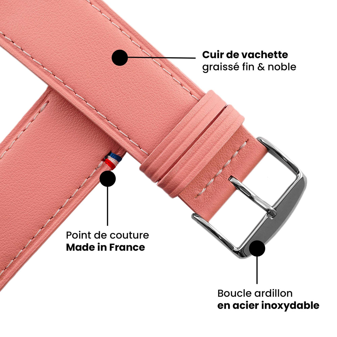 Double tour - Cuir de vachette Apple Watch Rose poudré 42 mm