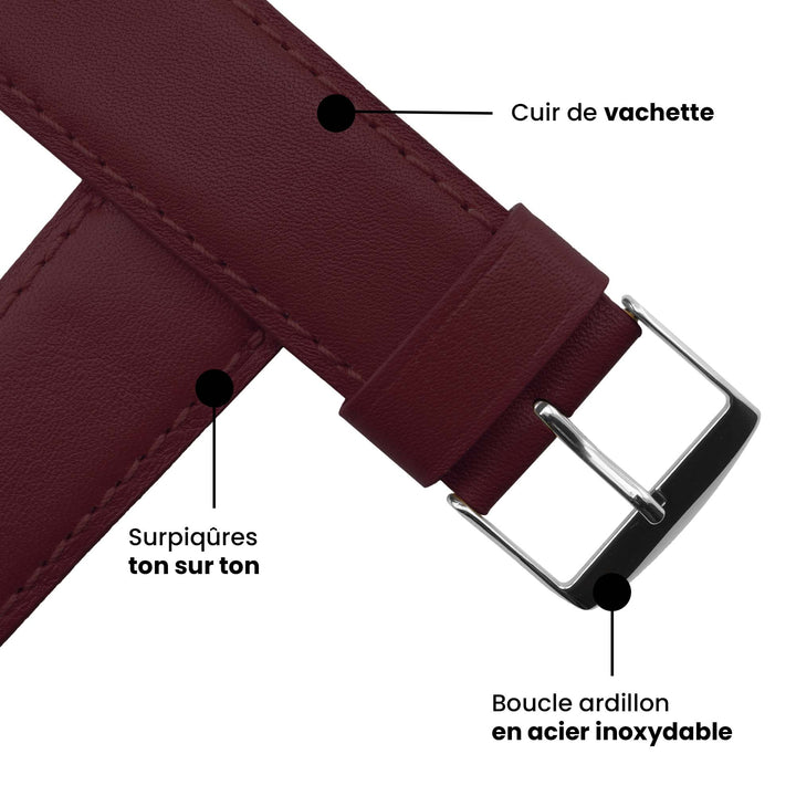 Holi Apple Watch - Bracelet cuir de vachette Bordeaux 42 mm