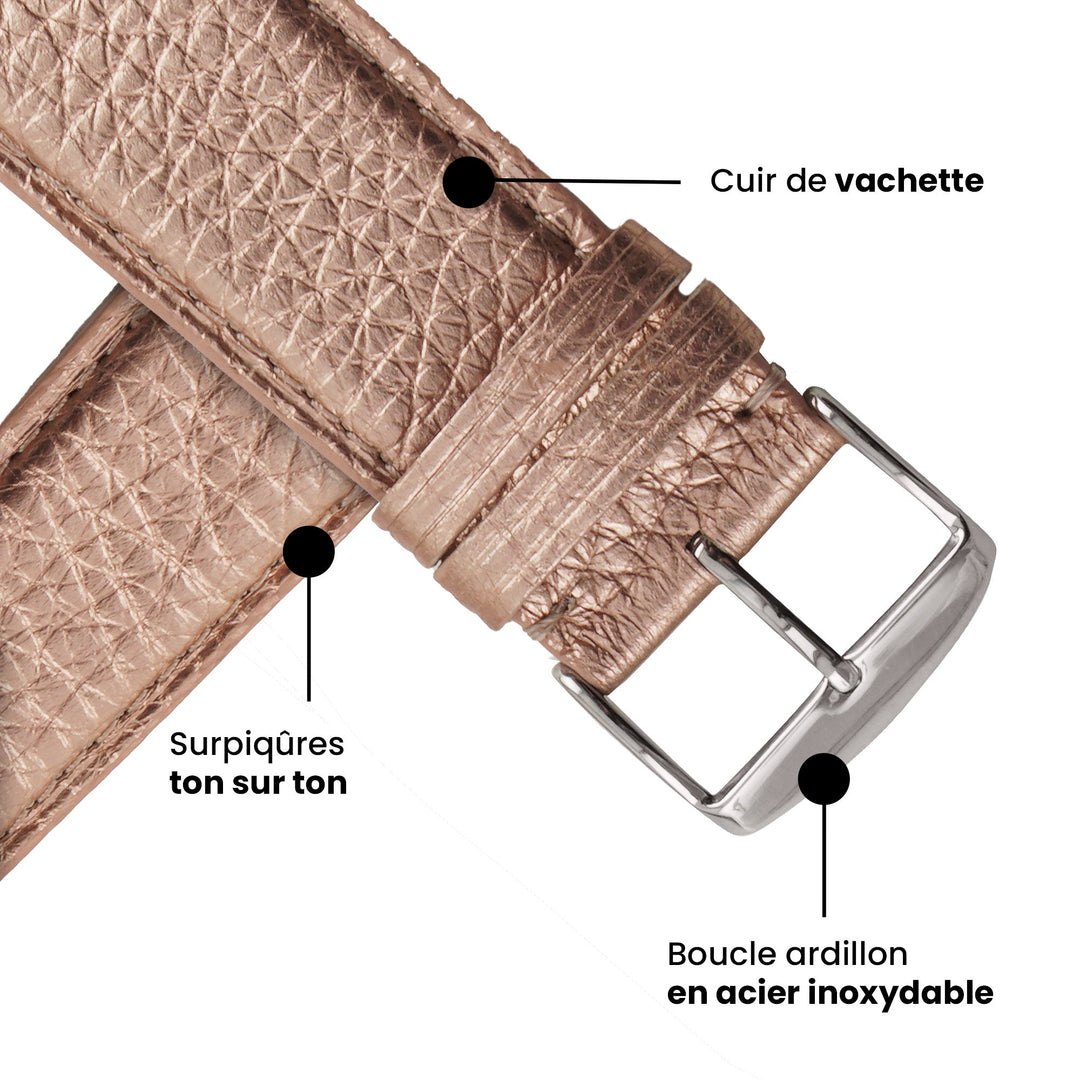 Maryline 2023 - Bracelet Apple Watch cuir de vachette satiné Rosé Champagne 46 / 49 mm