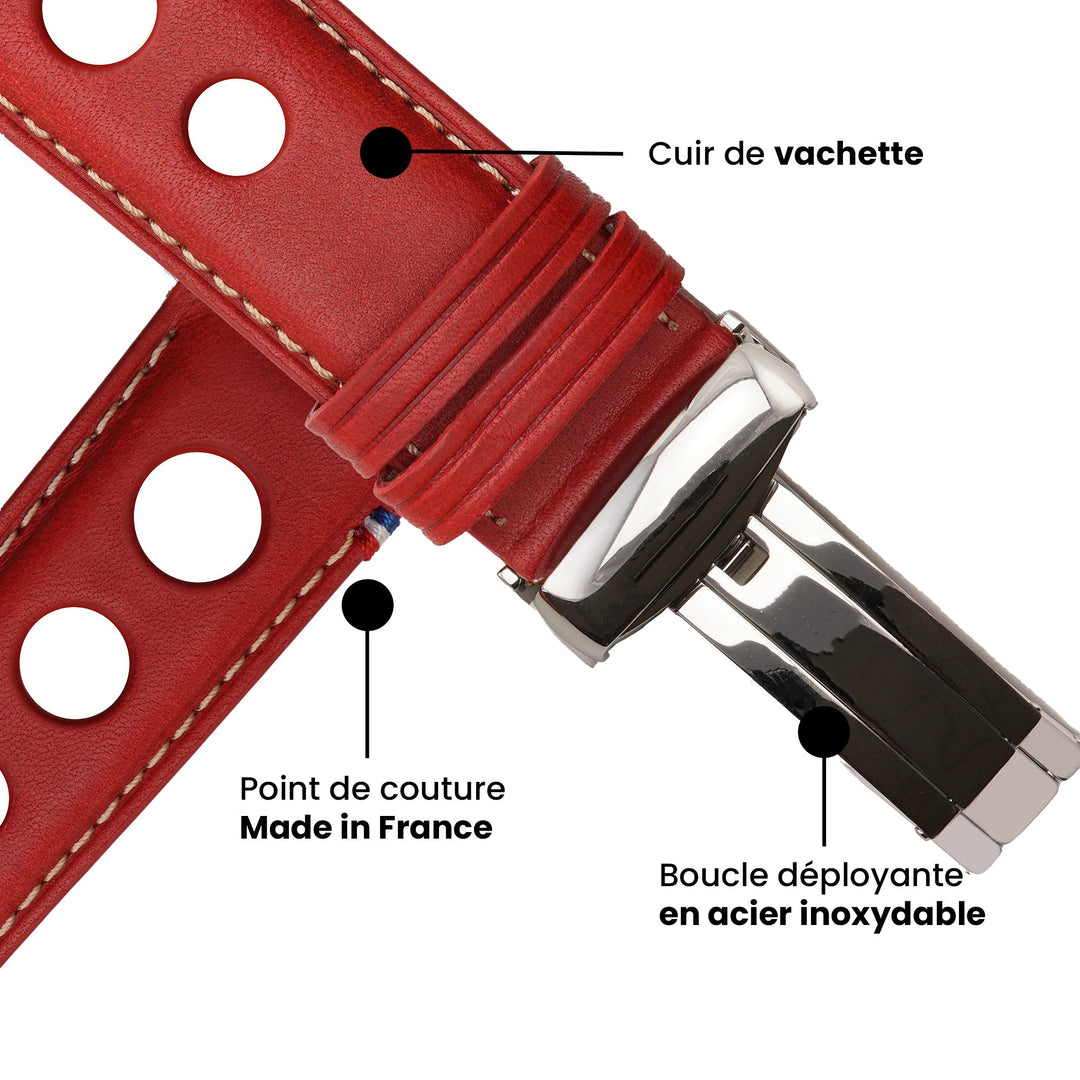 Rallye - Bracelet Apple Watch cuir vachette boucle déployante Rouge 42 mm