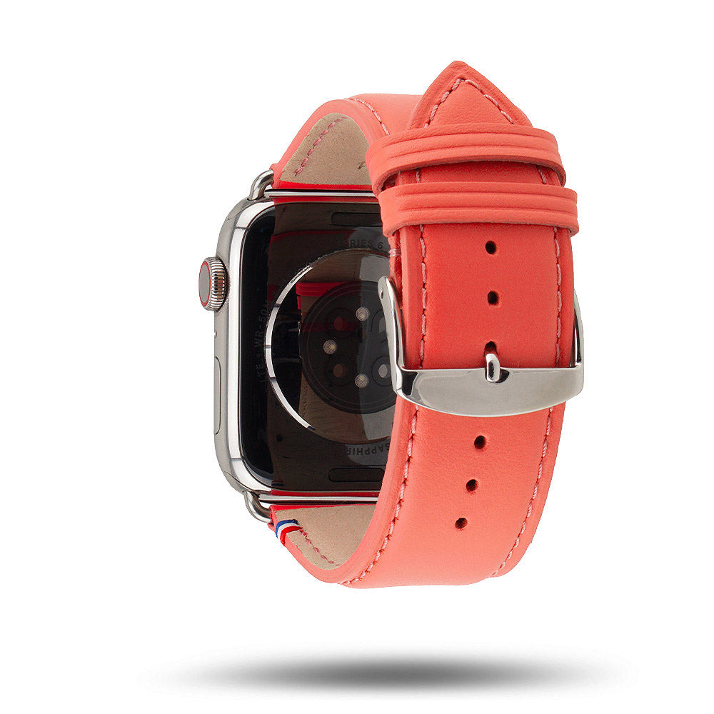 Aquarelle - Bracelet Apple Watch cuir petite taille Corail 42 mm